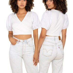 (NWOT) NLT Cotton-Poplin Puff Sleeve V-Neck Crossover Cropped Blouse (White)